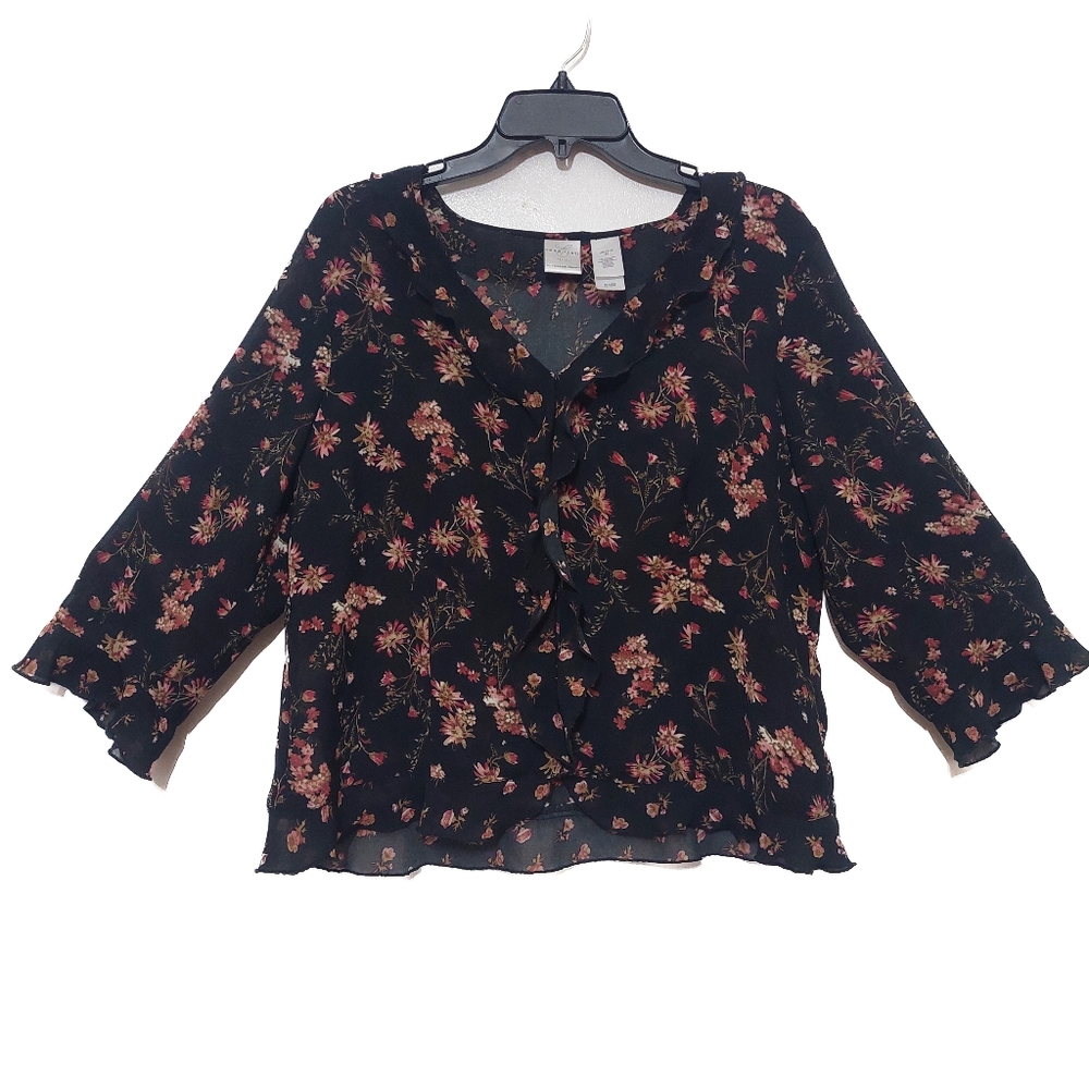 Emma James by Liz Claiborne Black Floral Blouse Petite 16P | Ruffle Front V-Neck